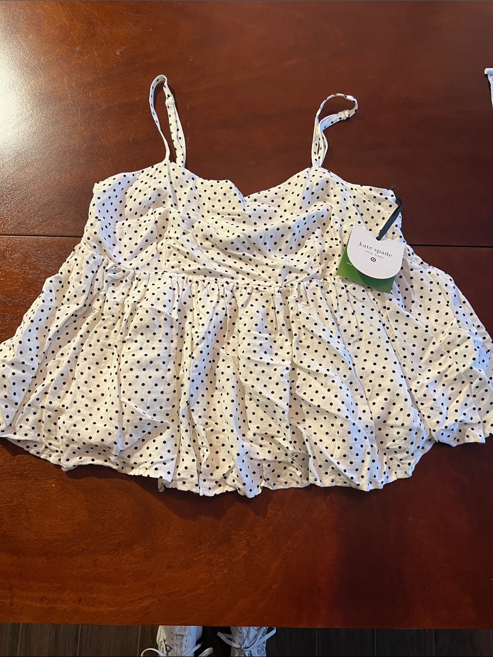 NWT kate spade White and Black Polka Dot Ruffled Spaghetti Strap Top